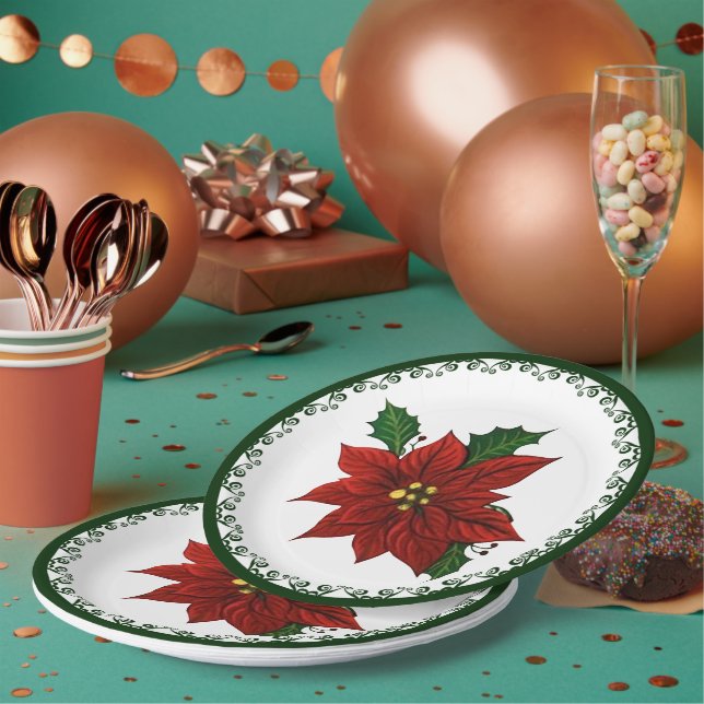 Red Poinsettia Christmas Floral Holiday  Paper Plates (Multi)