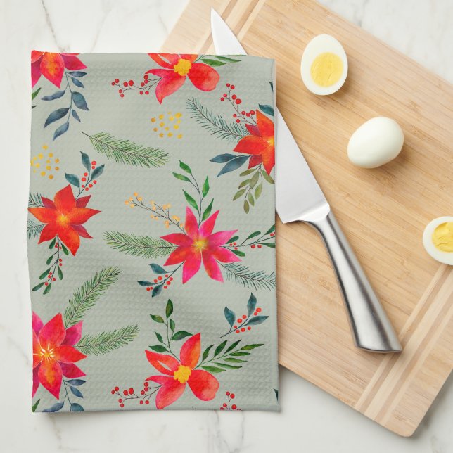  Red Poinsettia Christmas Floral Kitchen Towel (Quarter Fold)