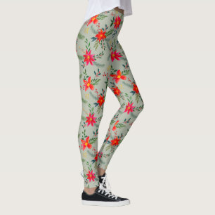 Red Poinsettia Christmas Floral Leggings
