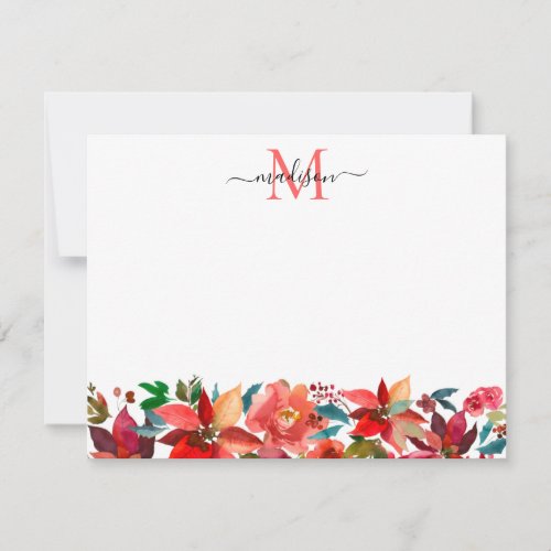 Red Poinsettia Christmas Floral Monogram Holiday Note Card