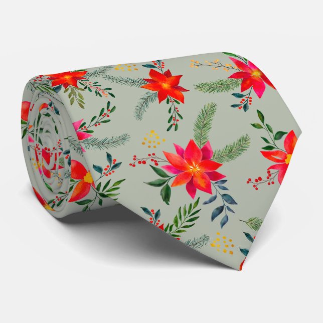  Red Poinsettia Christmas Floral Neck Tie (Rolled)