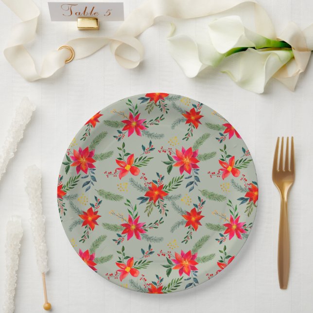  Red Poinsettia Christmas Floral Paper Plates (Wedding)