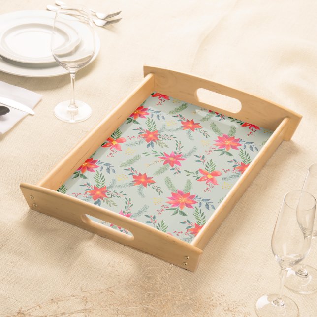  Red Poinsettia Christmas Floral Serving Tray (Front)