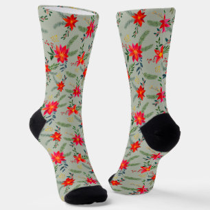 Red Poinsettia Christmas Floral Socks