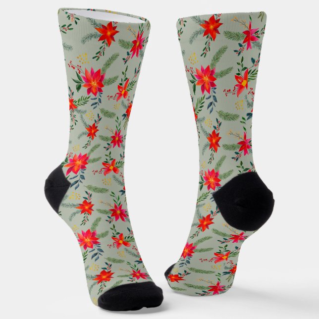 Red Poinsettia Christmas Floral Socks (Angled)