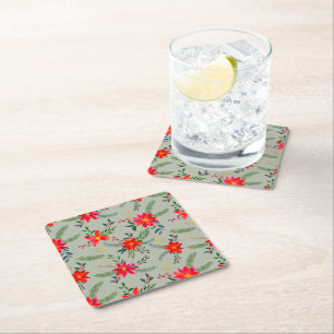  Red Poinsettia Christmas Floral Square Paper Coaster