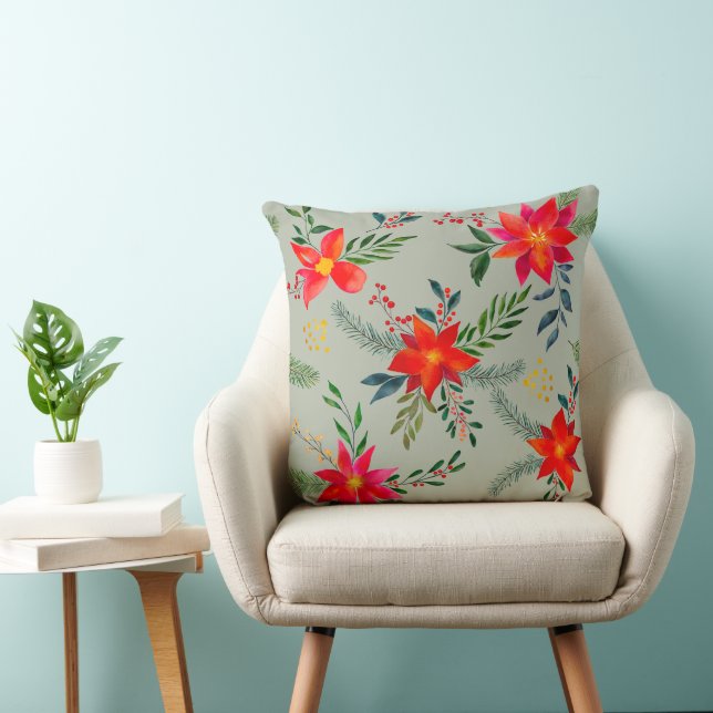  Red Poinsettia Christmas Floral Throw Pillow (Chair)