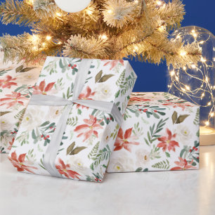 Red Poinsettia Christmas Floral Watercolor Wrapping Paper