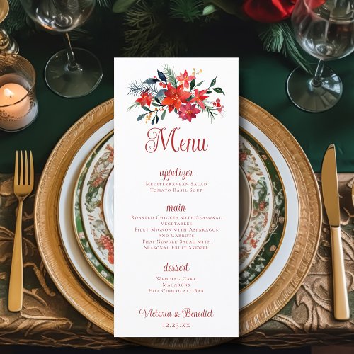 Red Poinsettia Christmas Floral Wedding Dinner Menu