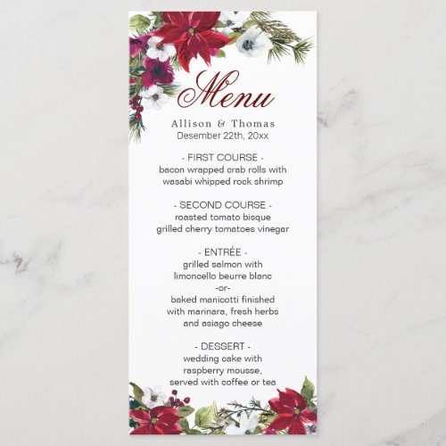 Red Poinsettia Christmas Floral Wedding Menu Card