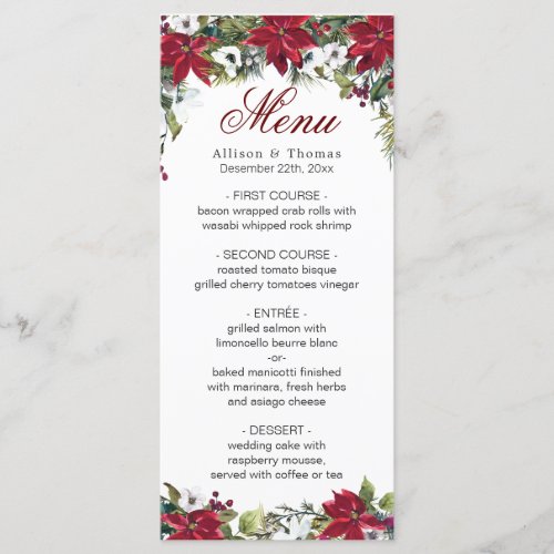 Red Poinsettia Christmas Floral Wedding Menu Card