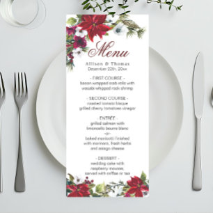 Red Poinsettia Christmas Floral Wedding Menu Card