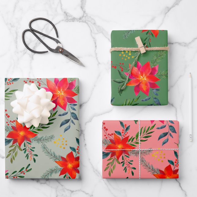  Red Poinsettia Christmas Floral Wrapping Paper Sheets (Front)