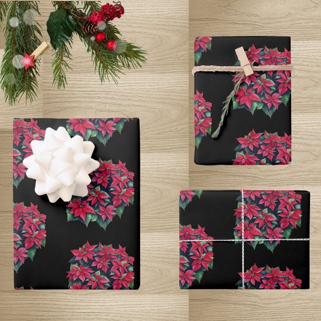 Red Poinsettia Christmas Flower On Black Wrapping Paper Sheets (Creator Uploaded)