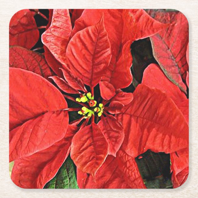 Red Poinsettia Christmas Flower Paper Coaster