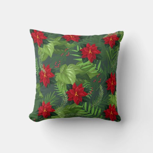 Red poinsettia christmas flower throw pillow