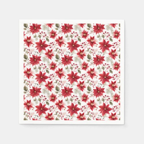 Red poinsettia Christmas Flowers Berries Holiday Napkins