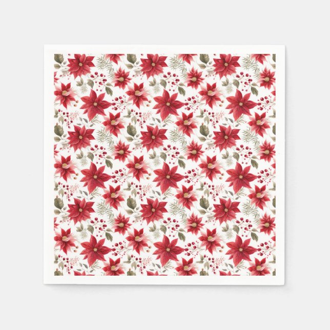 Red poinsettia Christmas Flowers Berries Holiday Napkins (Front)