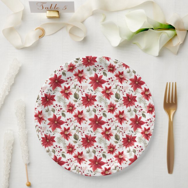 Red poinsettia Christmas Flowers Berries Holiday Paper Plates (Wedding)