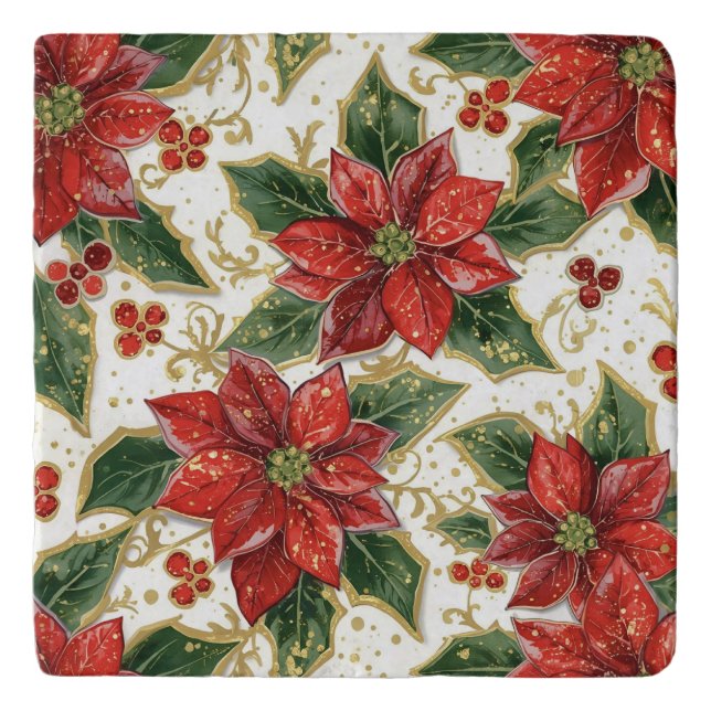 Red Poinsettia Christmas Flowers  Trivet (Front)