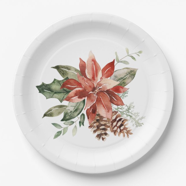 Red Poinsettia Christmas Greenery Paper Plates (Front)