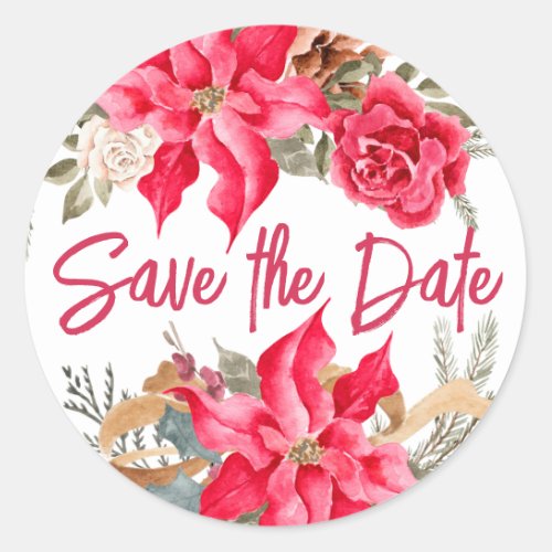 Red Poinsettia Christmas Greenery Save the Date Classic Round Sticker