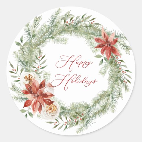 Red Poinsettia Christmas Greenery Wreath Classic Round Sticker