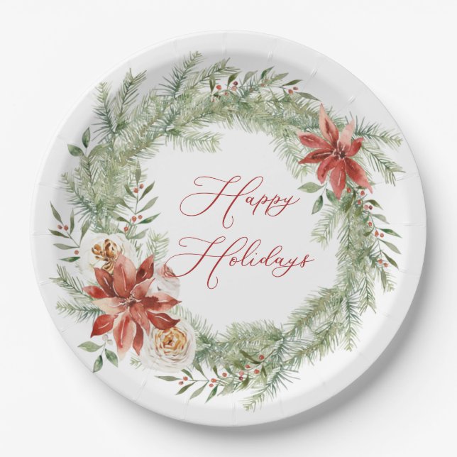 Red Poinsettia Christmas Greenery Wreath Paper Plates (Front)
