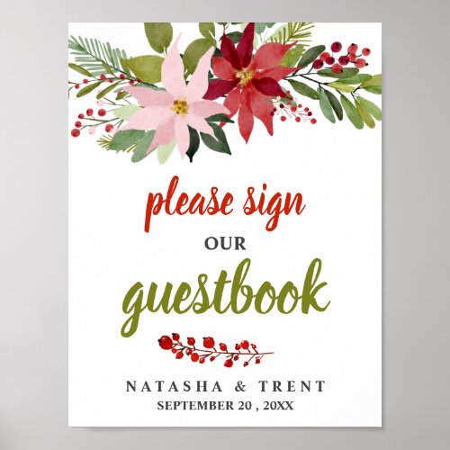 Red Poinsettia Christmas Guestbook Wedding Sign
