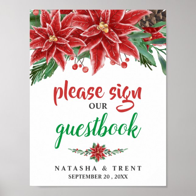 Red Poinsettia Christmas Guestbook Wedding Sign (Front)