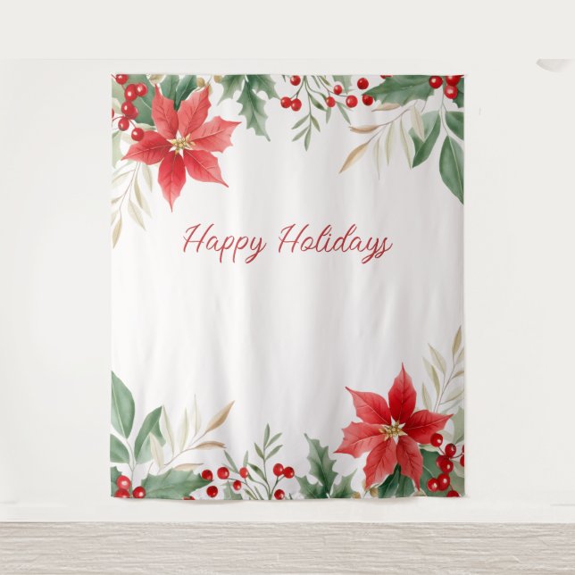 Red Poinsettia Christmas Holiday Backdrop (Front)