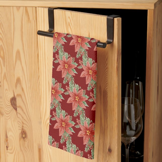 Red Poinsettia Christmas Holiday Botanical Kitchen Towel (Thirds Fold)