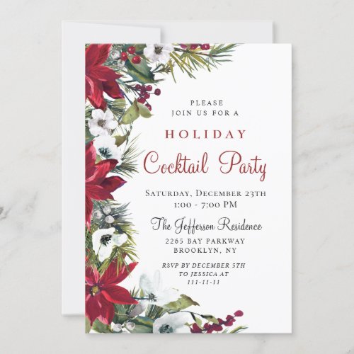 Red Poinsettia Christmas Holiday Cocktail Party Invitation