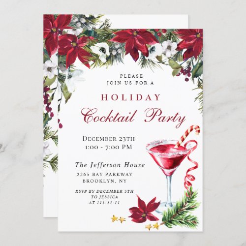 Red Poinsettia Christmas Holiday Cocktail Party Invitation