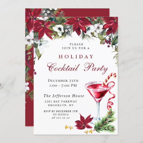 Red Poinsettia Christmas Holiday Cocktail Party Invitation