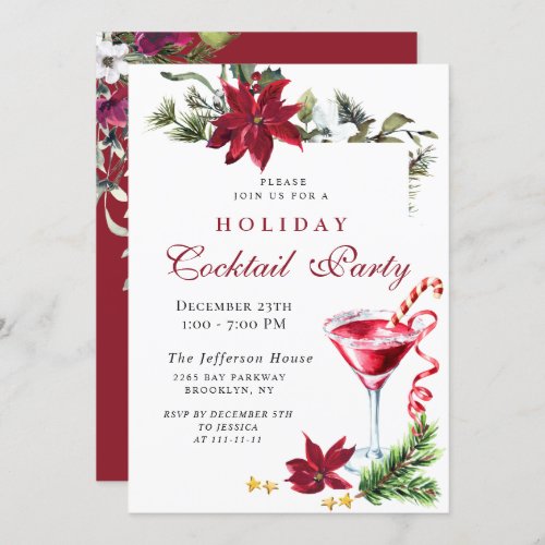 Red Poinsettia Christmas Holiday Cocktail Party Invitation