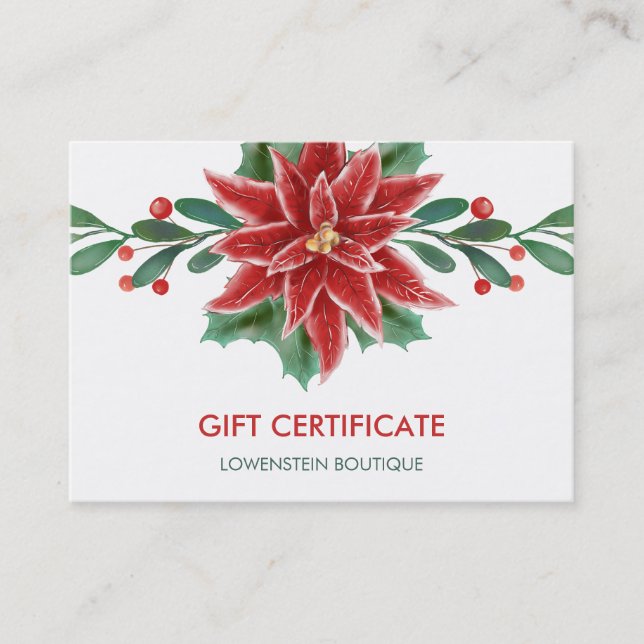 Red Poinsettia Christmas Holiday Gift Certificate (Front)