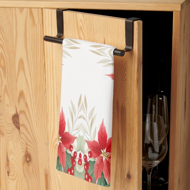 Red Poinsettia Christmas Holiday Kitchen Towel (Thirds Fold)