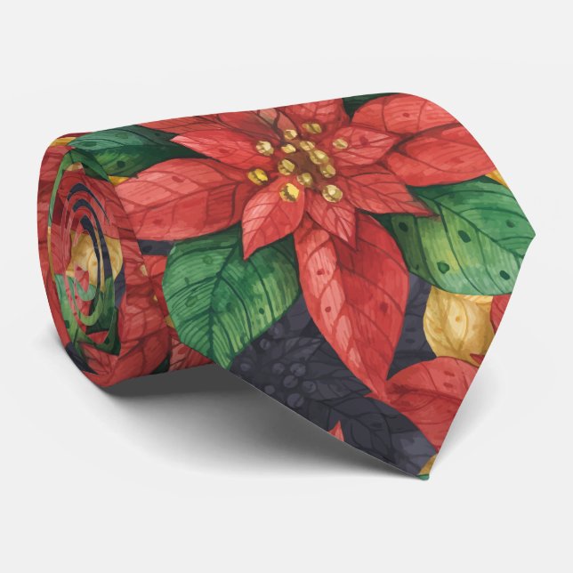 Red Poinsettia Christmas Holiday Neck Tie (Rolled)