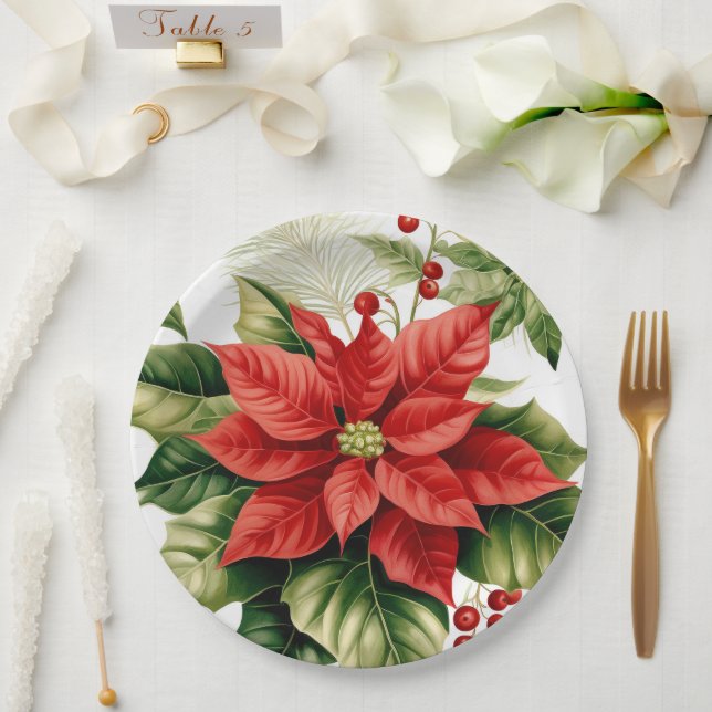 Red Poinsettia Christmas Holiday Paper Plates (Wedding)