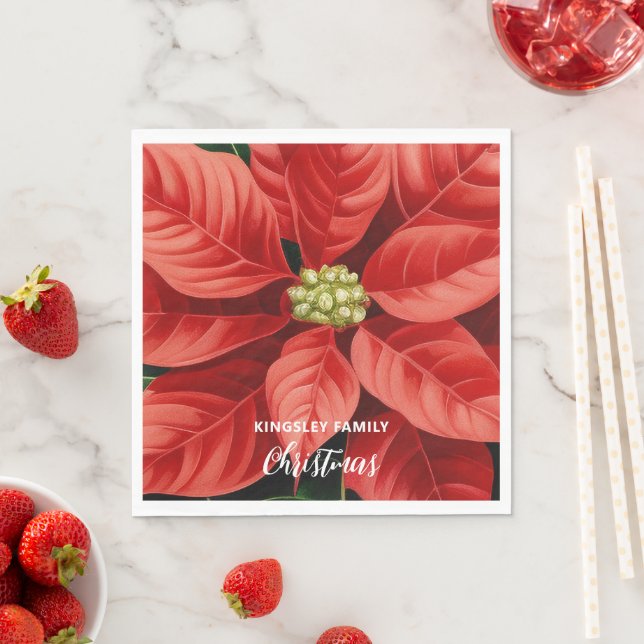Red Poinsettia Christmas Holiday Personalized Napkins (Insitu)