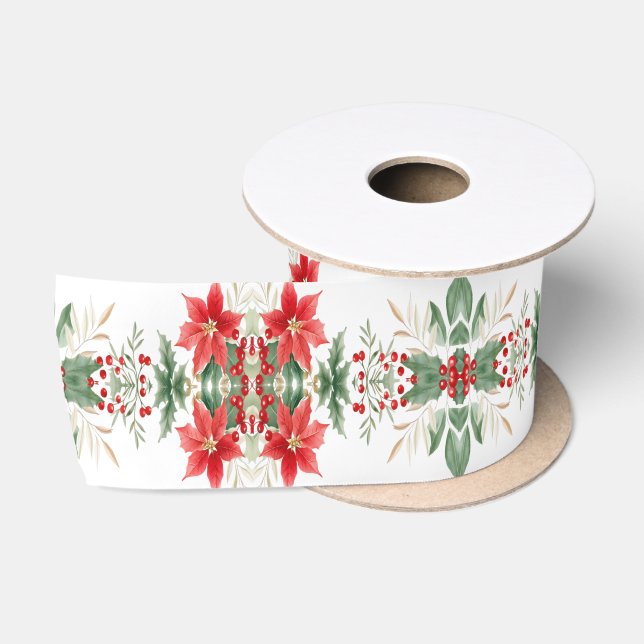 Red Poinsettia Christmas Holiday Satin Ribbon (Spool)