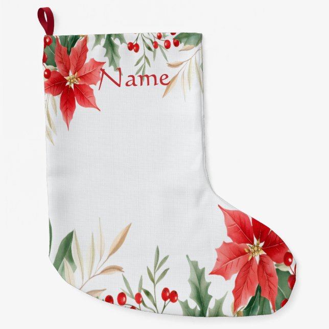 Red Poinsettia Christmas Holiday Stocking (Front)