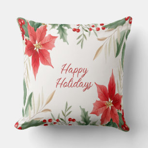 Red Poinsettia Christmas Holiday Throw Pillow