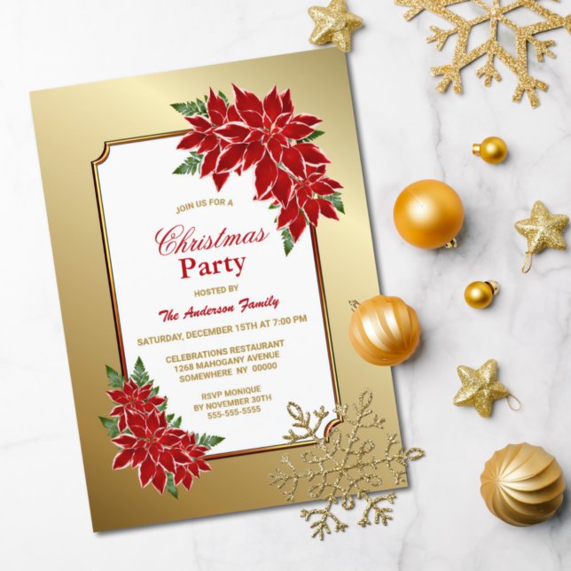 Red Poinsettia Christmas Party Gold Bordered Invitation (Creator Uploaded)