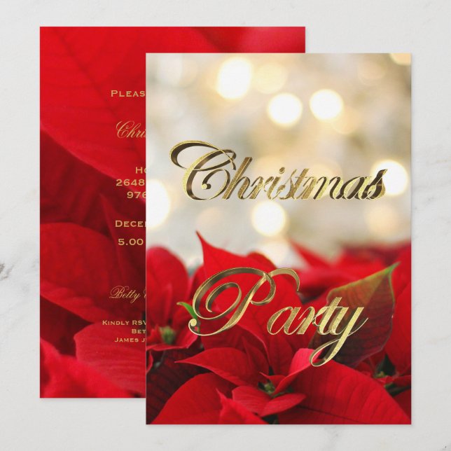 Red Poinsettia Christmas Party Invitation Elegant (Front/Back)