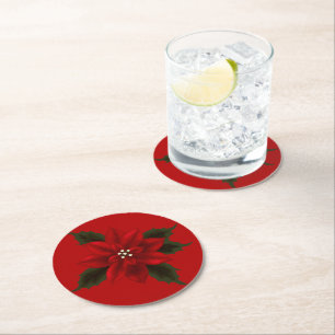 Red Poinsettia Christmas Party Round Paper Coaster