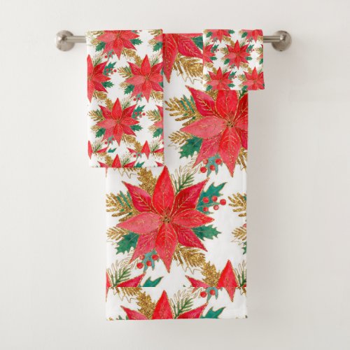 Red poinsettia Christmas pattern Bath Towel Set