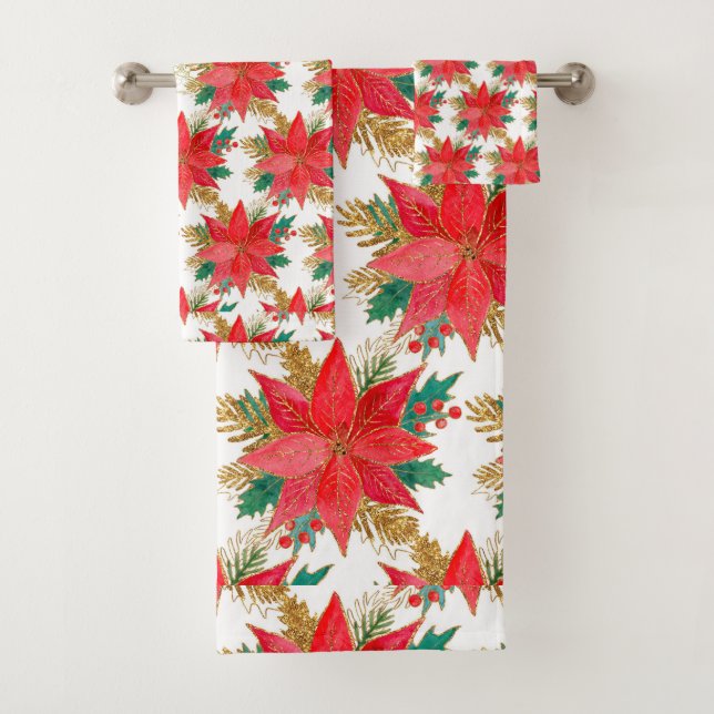 Red poinsettia Christmas pattern Bath Towel Set (Insitu)