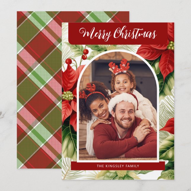 Red Poinsettia Christmas Personalized 1-Photo Holiday Card (Front/Back)